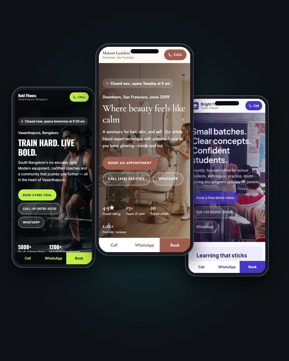 Three BookSites websites shown on phones: a gym, a salon and a tuition centre
