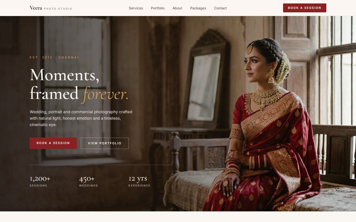 Photography studio website with a bride in a red saree